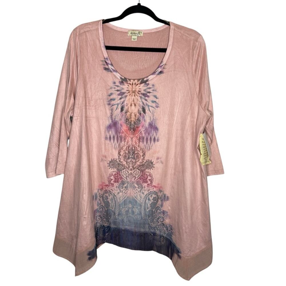 ONE WORLD / pink abstract paisley whimsical printed long sleeve blouse top / 1X